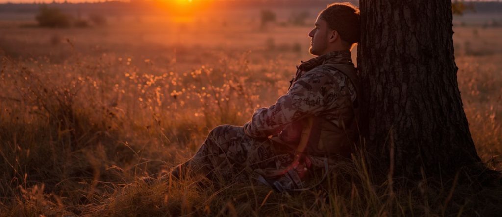 Hunter resting against a tree at sunset