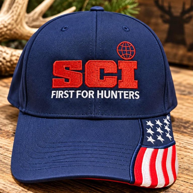 Navy SCI First for Hunters cap with a red logo and an American flag on the brim